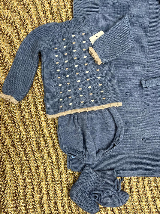 Set coperta e completo nascita coulotte cappelino e scarpine blu marino