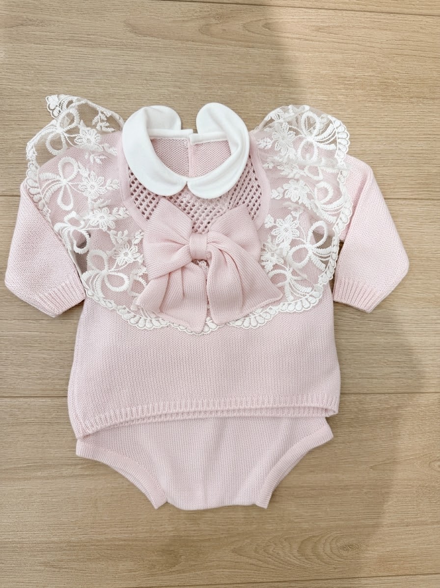 Completo lana cuore 2 pezzi con coulotte e pizzo macramé