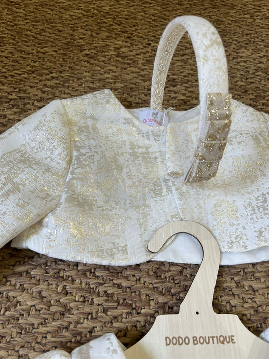 Abito ambarabà in tessuto e tulle glitter con giacchino e frontino