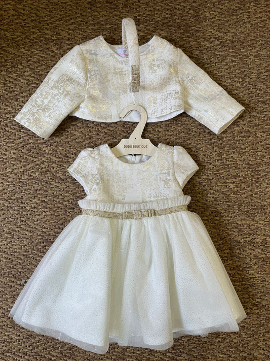 Abito ambarabà in tessuto e tulle glitter con giacchino e frontino